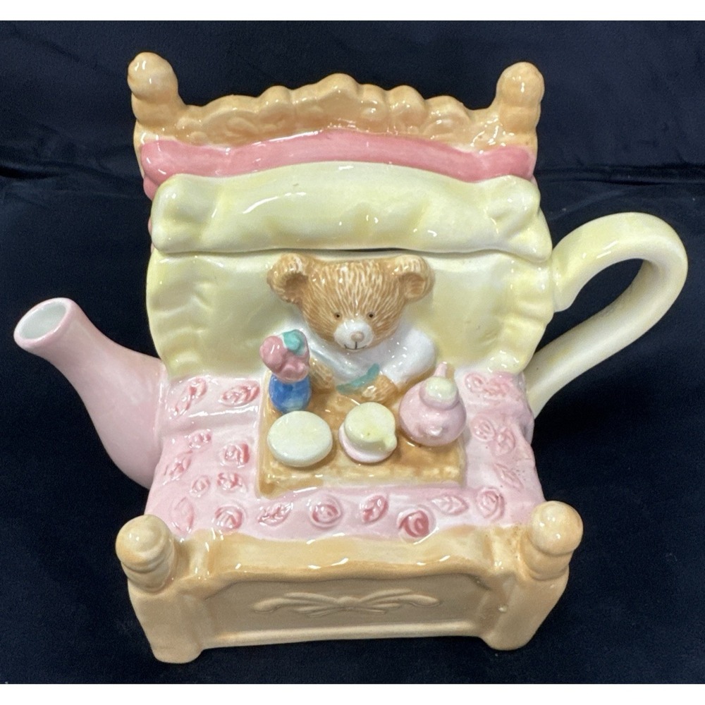 Vtg Ceramic Breakfast In Bed Teapot Hallmark 8" W 5.5" H Very Colorful .